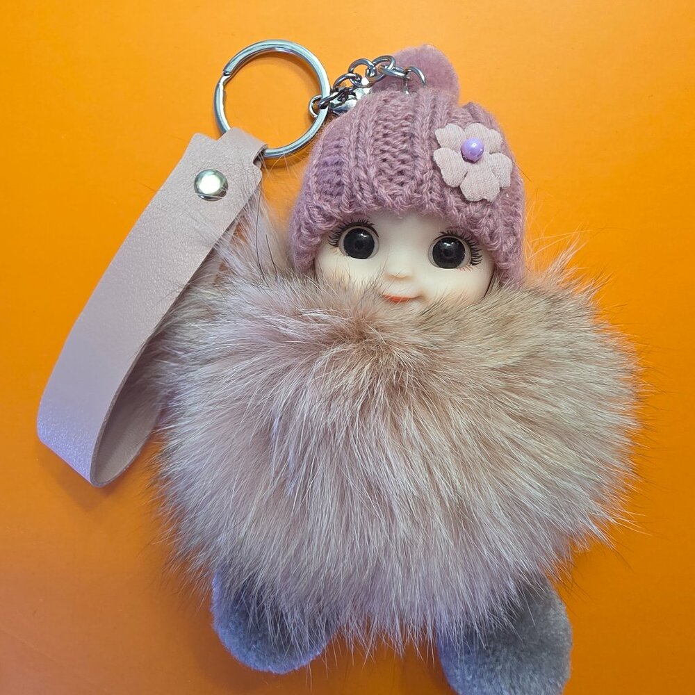 Cute Smiling Fur Baby Keychain with LOVE tag, Plush rabbit fur, Bag Charm
